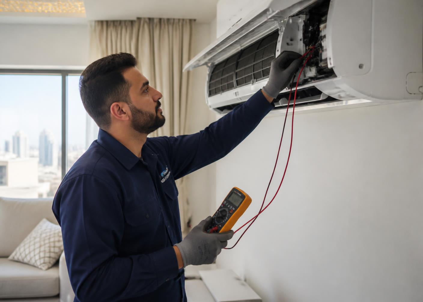 Peace cool Service technician servicing a split AC condenser unit on a villa wall in Doha