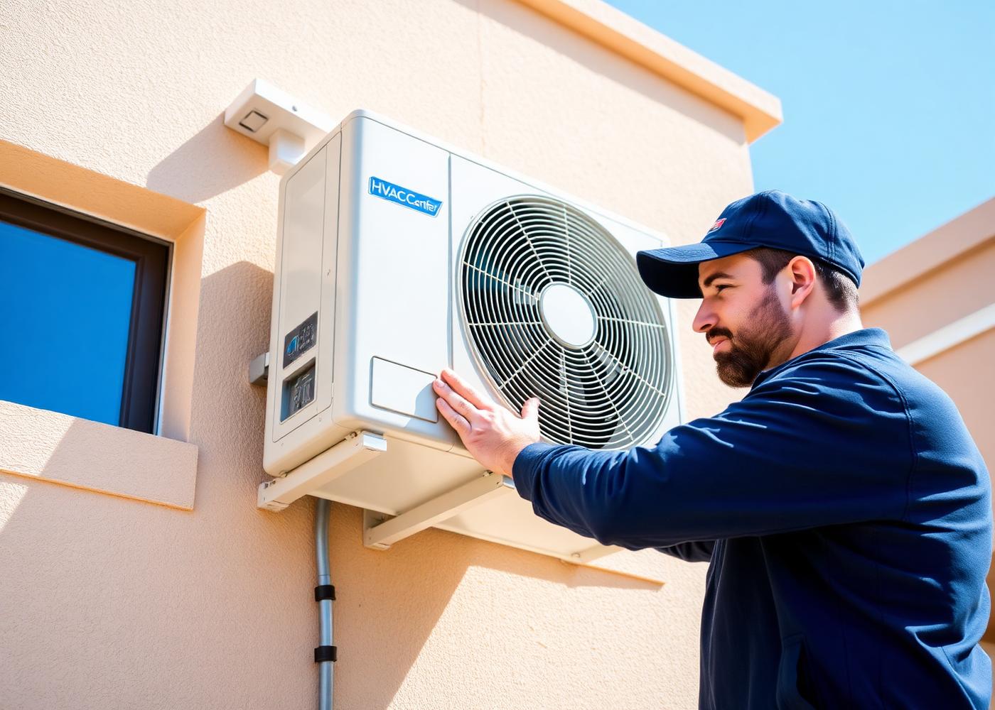 All Doha AC technician servicing a split AC condenser unit on a villa wall in Doha